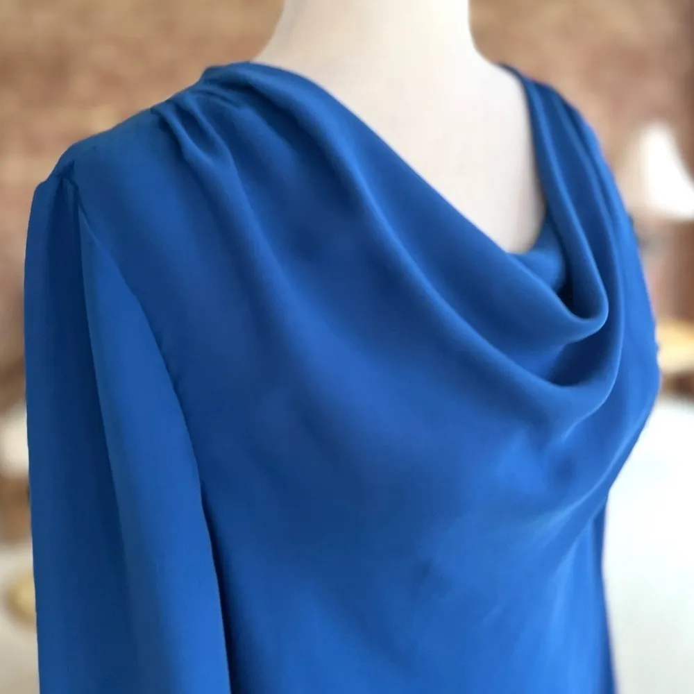 Lands’ End Top Draped Neck Royal Chiffon Blue Blouse 8 Cocktail Party Work Chic - Image 7