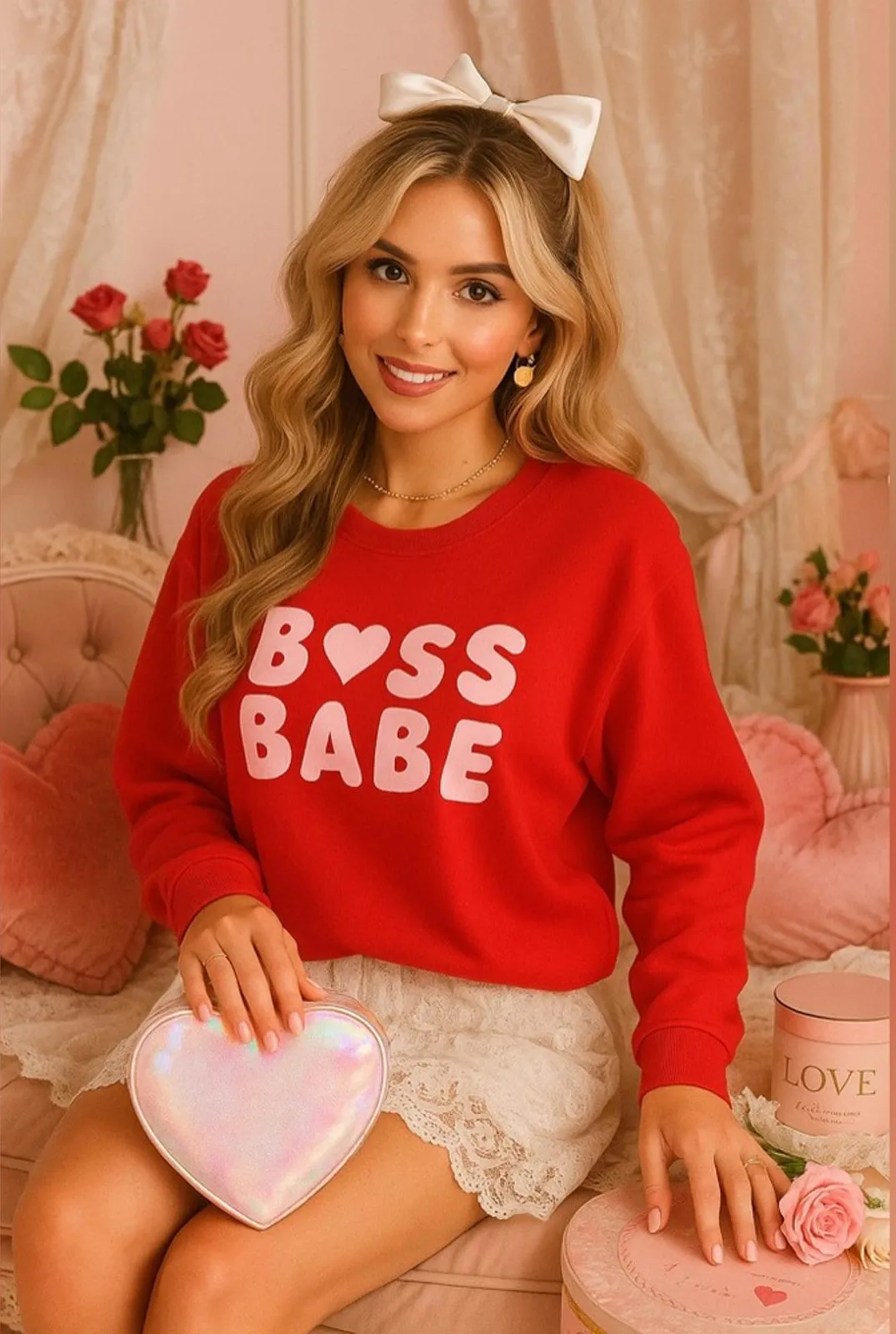 Boss Babe Red Sweatshirt Cozy Valentine’s Day Pullover Pink Lettering NWT - Image 1