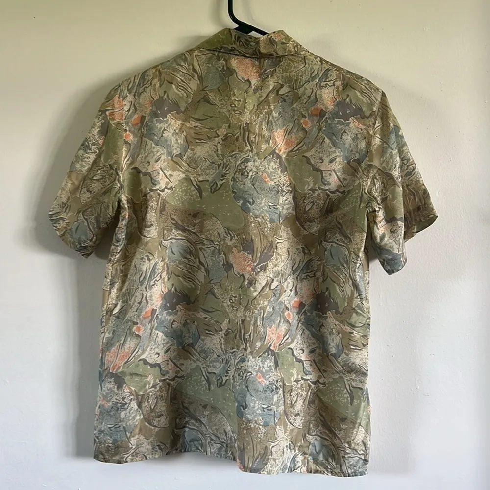 Vintage 100% silk abstract short sleeve top Green Size M - Image 5