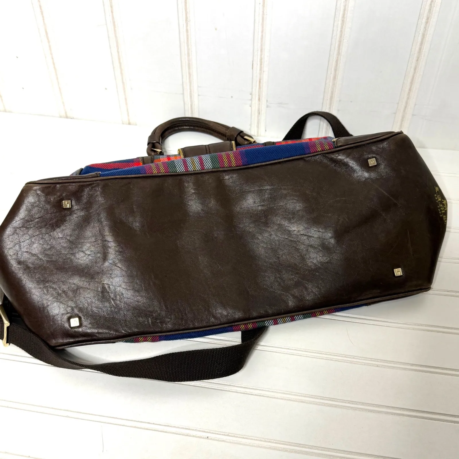 L.A.M.B. Plaid Satchel Doctor Bag Leather Trim Crossbody Strap Gold - Image 13