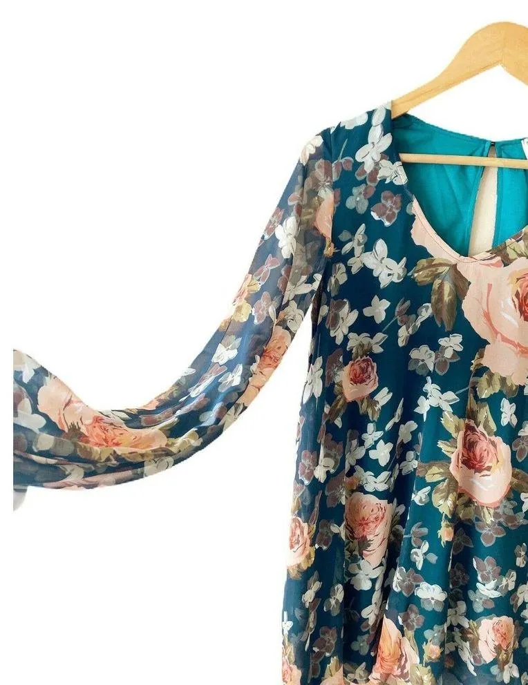 SHOW ME YOUR MUMU Tunic Dress Donna Michele Mini Bell Sleeve Floral Green XS NWT - Image 4