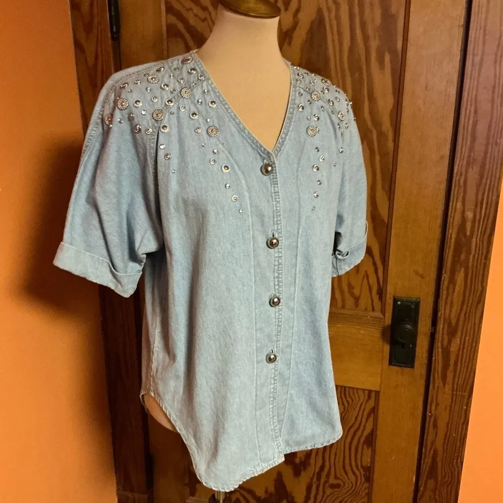 Vintage 90s Studded Denim Shirt • Light Wash Button Up Blue Size 8P - Image 5