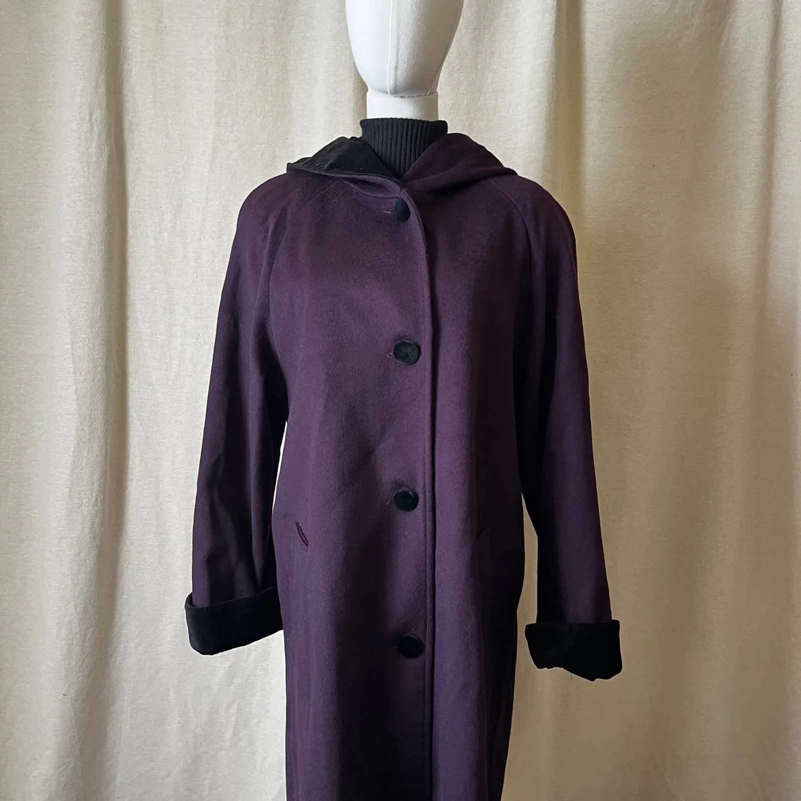 Vintage MDP Mario De Pinto Plum Purple Hooded Pure Wool Long Coat M 8/10 - Image 3
