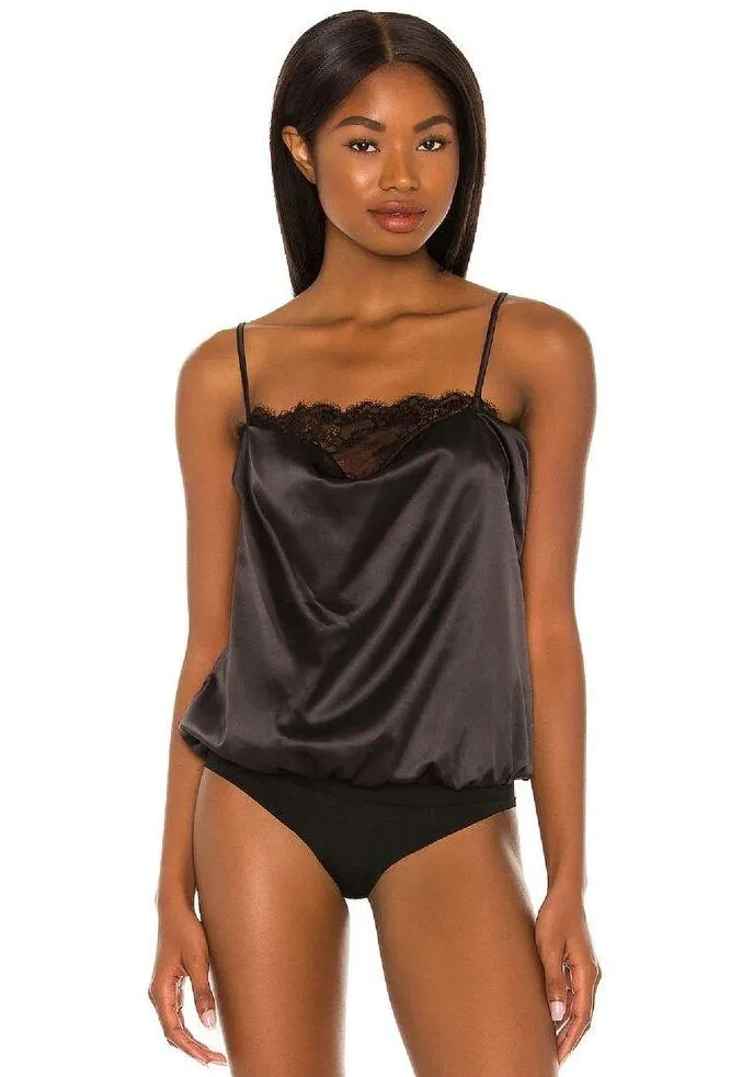 Lovers + Friends Black Satin Laced Neckline Open Back Draped Bodysuit Size Large - Image 3