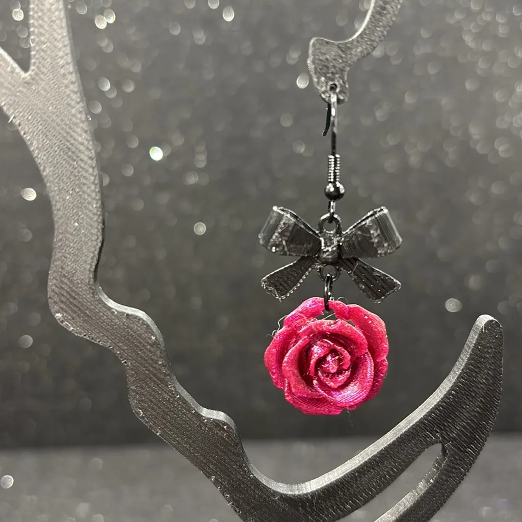 Pink Color Shift Rose and Black Bow Earrings - Image 2