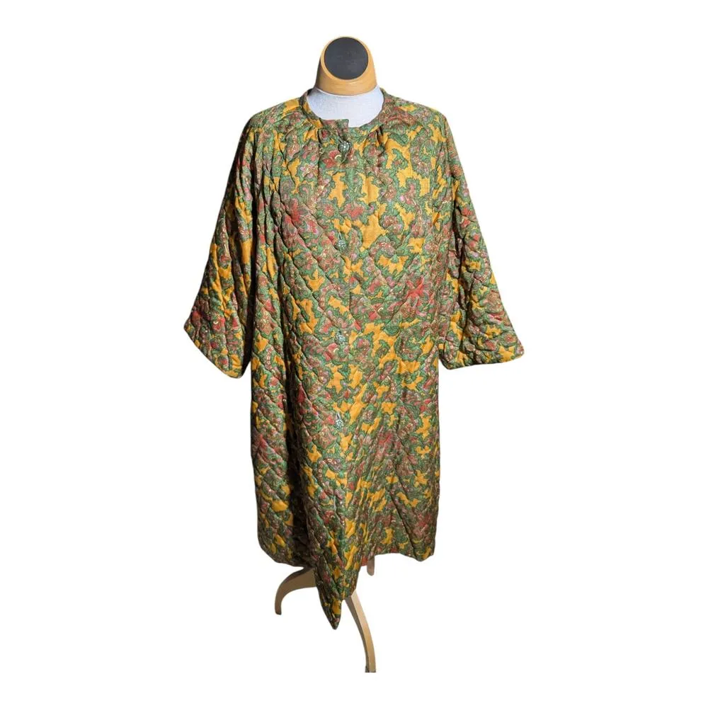 Vtg 1950s Saybury Mustard Yellow Green Paisley Quilted Button Up Overcoat M L Size L - Image 2