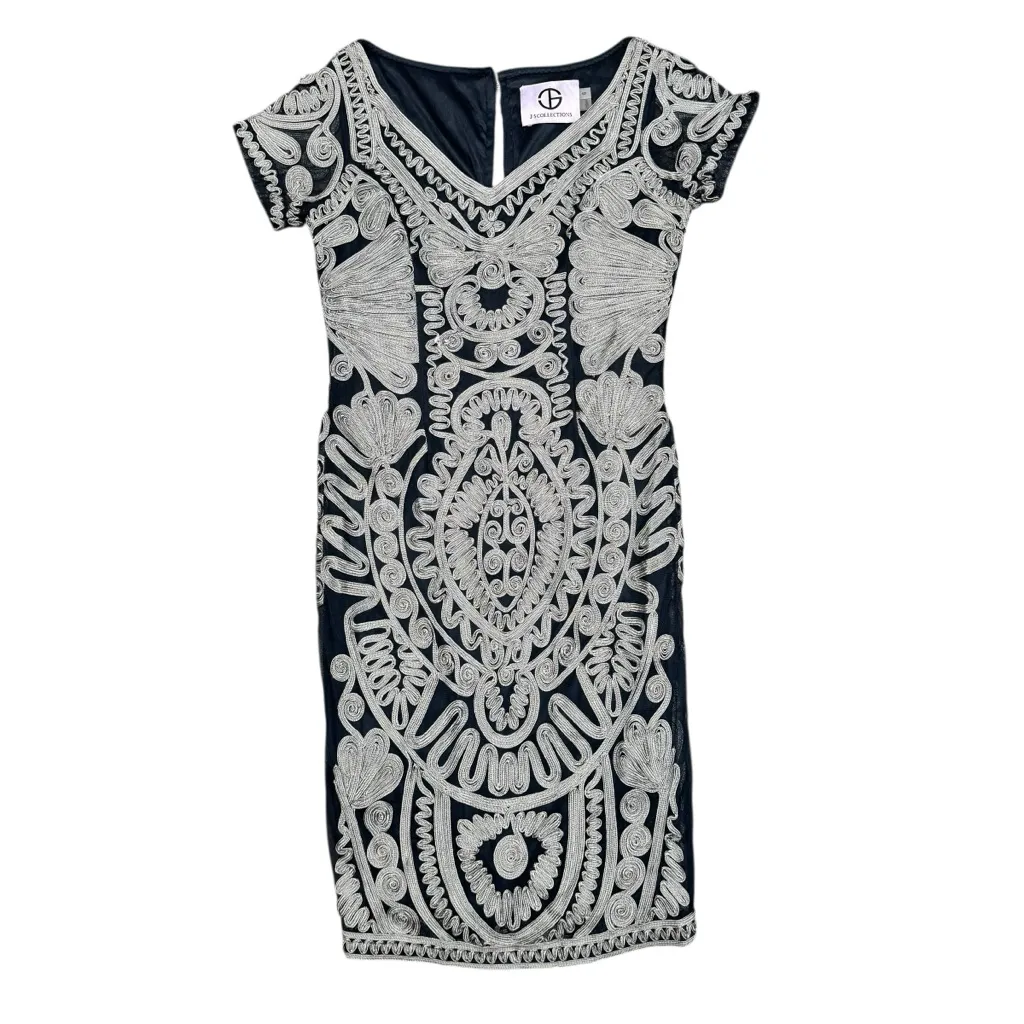 JS Collections Embroidered Mesh Short Sleeve Cocktail Dress Blue Gray 6 - Image 5