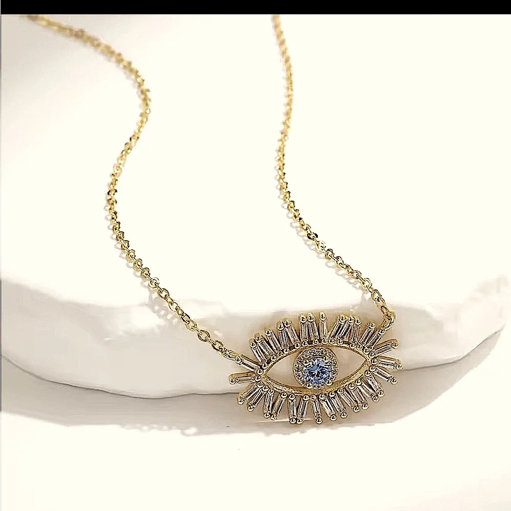 NEW Turquoise‎ Simulated Diamond Evil Eye Necklace, 18k YG Filled, 18-20” - Image 5