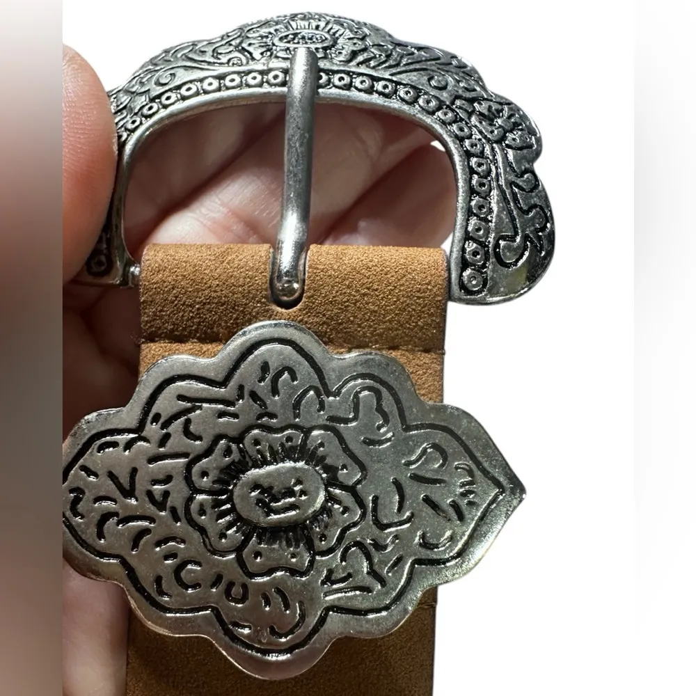Brown Boho Faux Suede Belt with Floral Metal Buckle 42” - Image 6