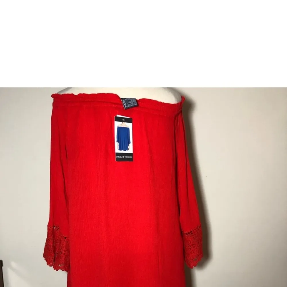 Chelsea & Theodore Red Off-Shoulder gauze blouse tunic with Lace Sleeves boho M - Image 5