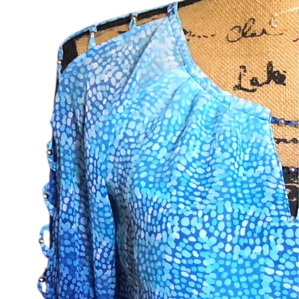 White House Black Market Ombre Blue/Pink/black Blouse w/cutouts & Studs! - Image 8