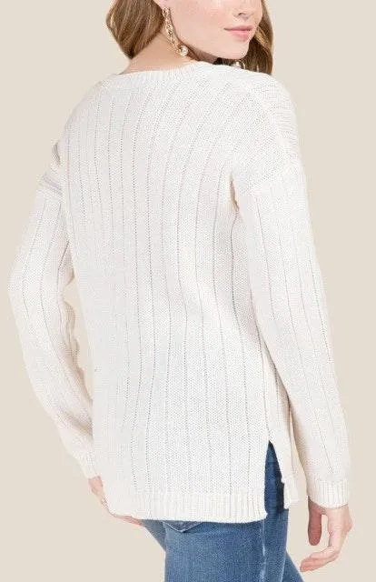 Francesca’s Pearl Embellished Cable Knit Sweater - Image 3