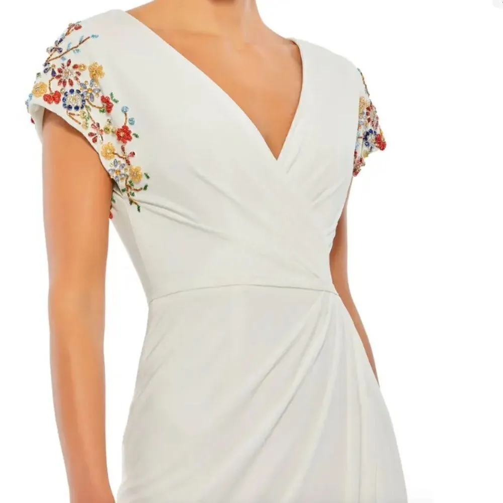 Mac Duggal 55709 Womens White Embellished Sleeve Jersey Wrap Gown - Image 4