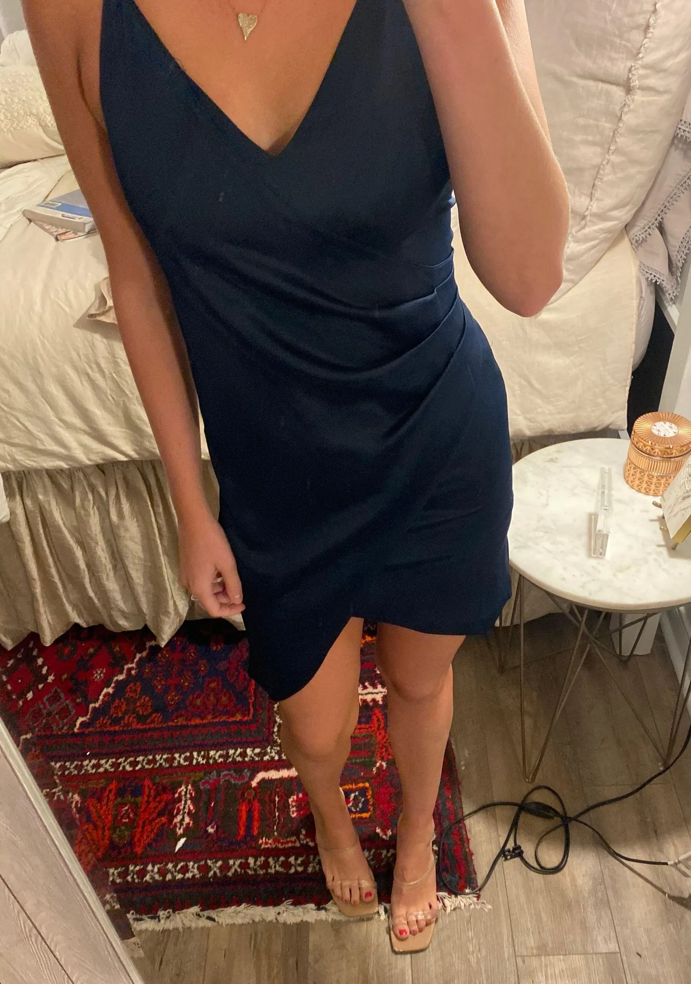 Navy Silk Mini Dress - Image 2