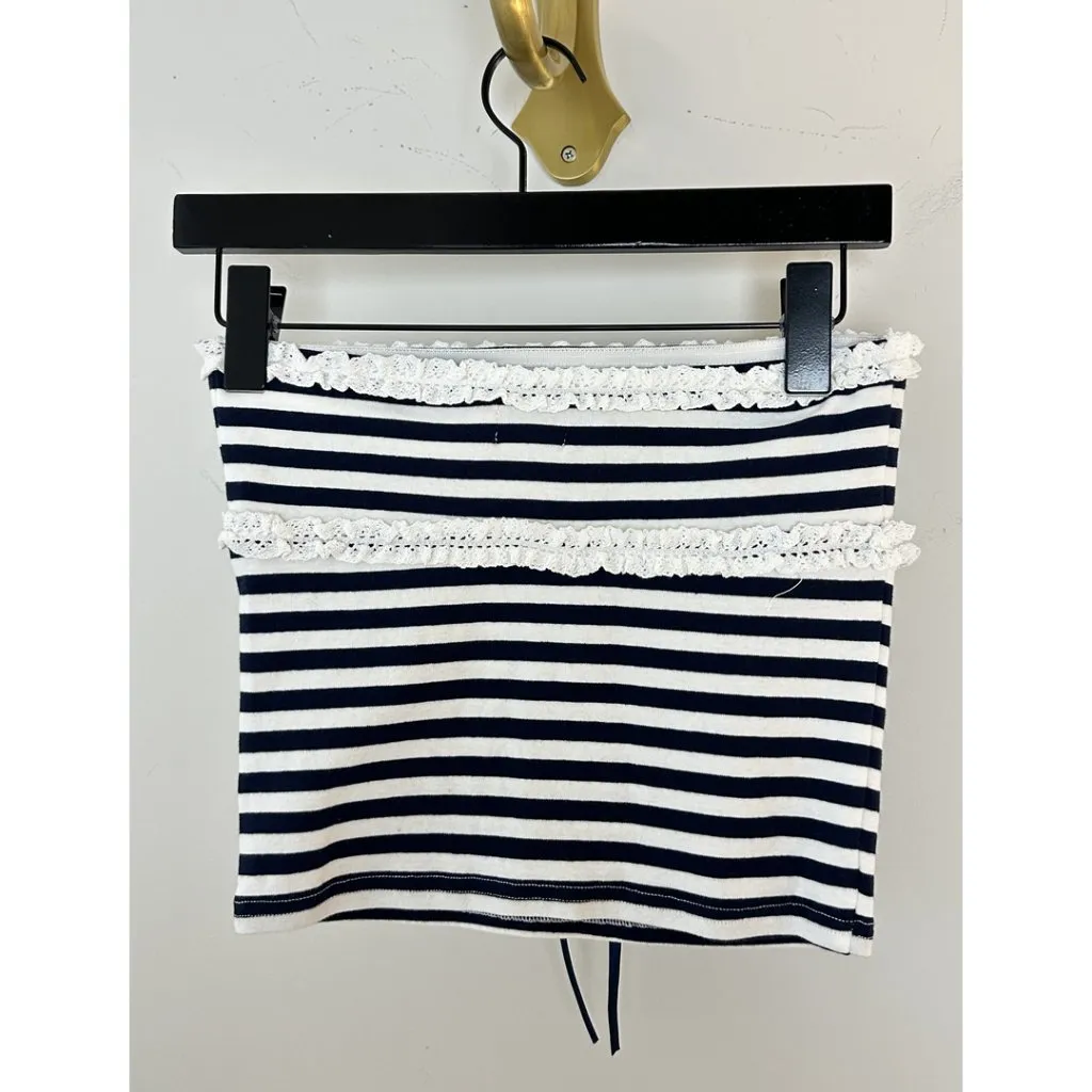 EDIKTED Stripe Lace Trim Tube Top in Navy-and-white Size Small - Image 5