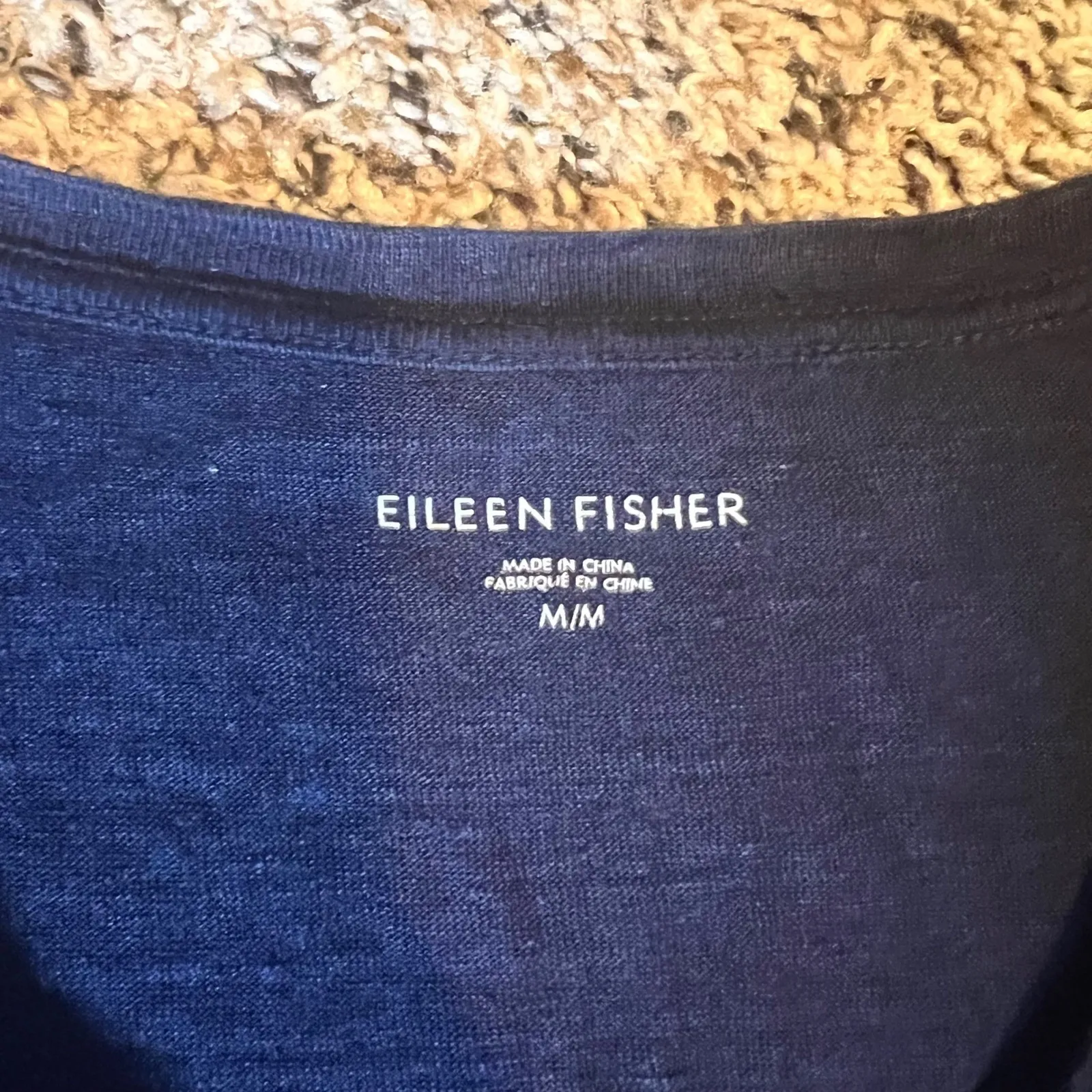 EILEEN FISHER Navy Blue 100% Organic Linen V Neck Long Sleeve Tunic Top M - Image 2