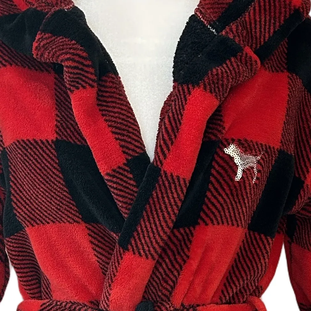 Victoria’s Secret Pink buffalo plaid sequin bling dog soft cozy hooded rob XS/S - Image 6