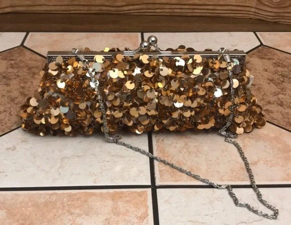 Vintage Y2K gold sequin beaded clutch cocktail purse evening bag with chain - Image 2