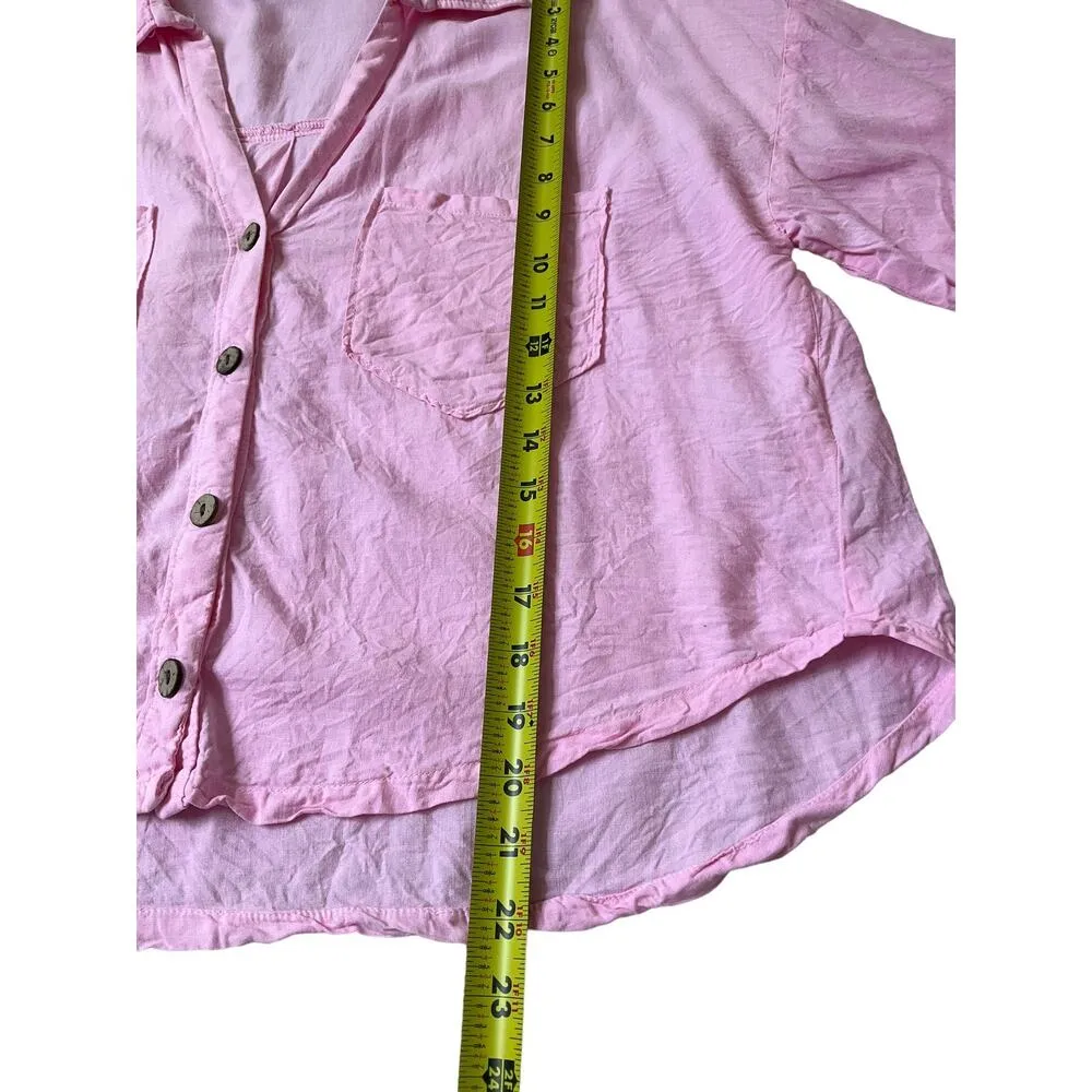 Pink Linen Collared Short Sleeve Button Up Crop Top Women's Sz Large | 22-2 - Image 5