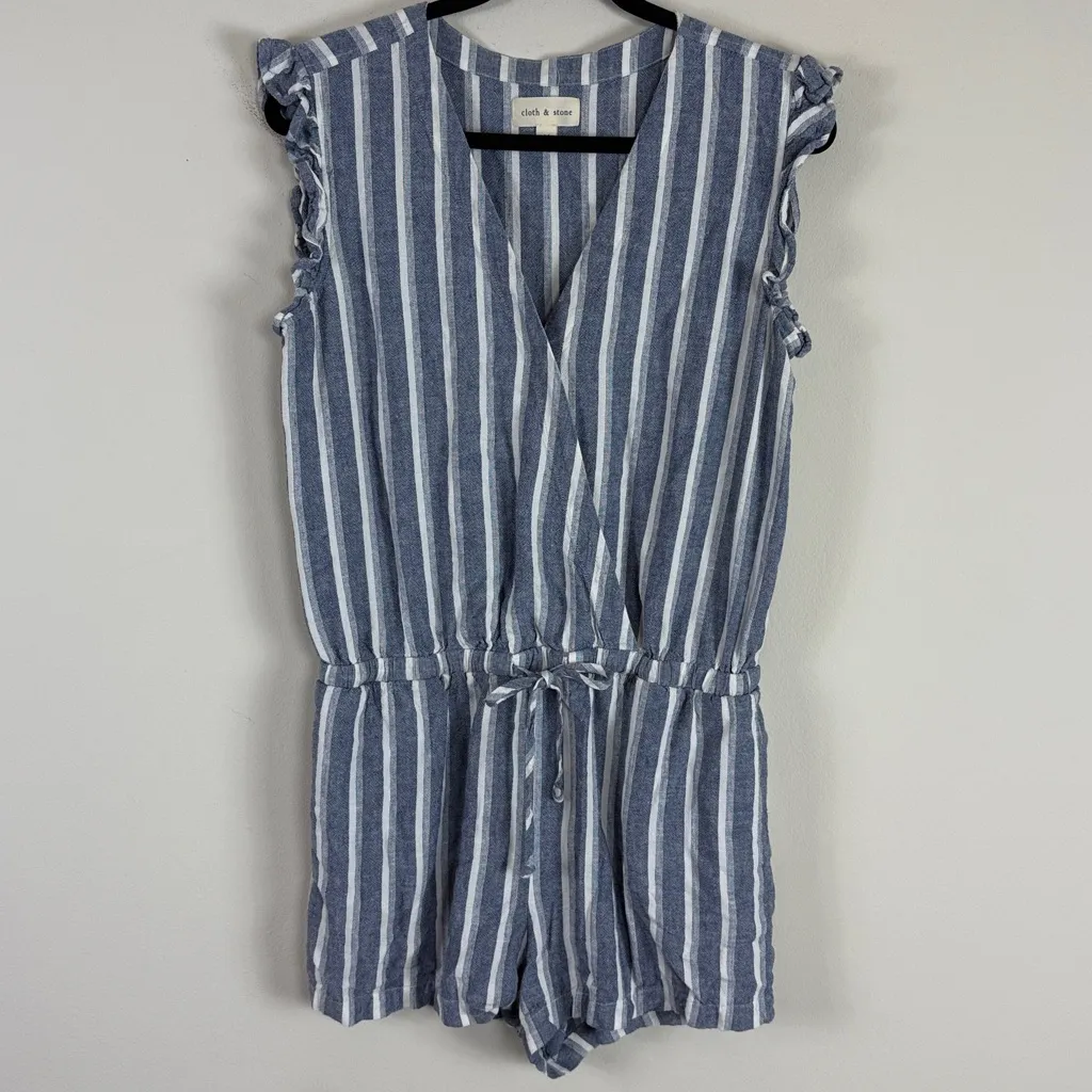 Cloth & Stone Linen Blend Navy and White Striped‎ Romper Size Medium - Image 2