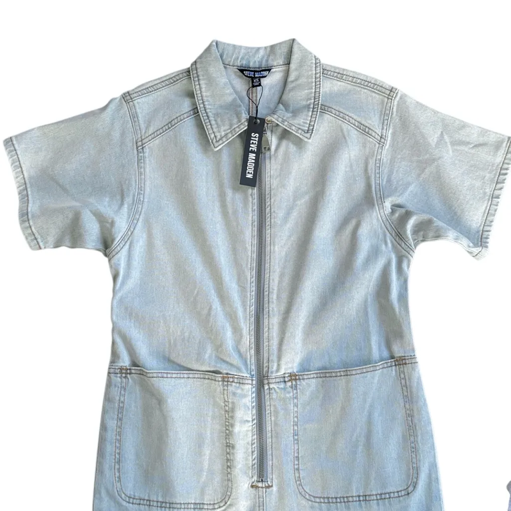 NWT Steve Madden Eira Denim Jumpsuit Stone Wash Blue Size XS Retail $129.00 - Image 5