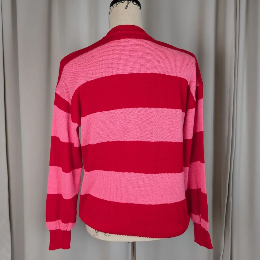 Hello Kitty Striped Long Sleeve Crew Neck Sweater by Sanrio Pink and Red Medium - Image 2