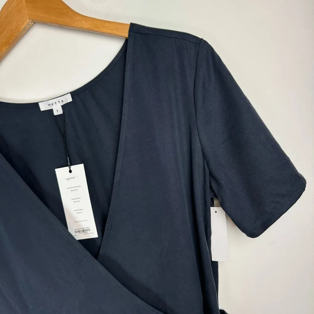 NWT VETTA Short Wrap Dress Sz Small French Navy Tencel Blue - Image 7