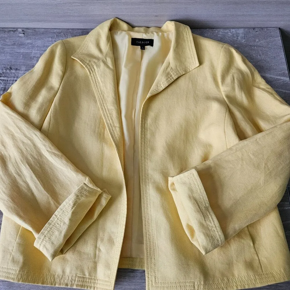 TALBOTS Linen Blazer Womens Size 16 Yellow Open Front Jacket Polyester Lining - Image 11