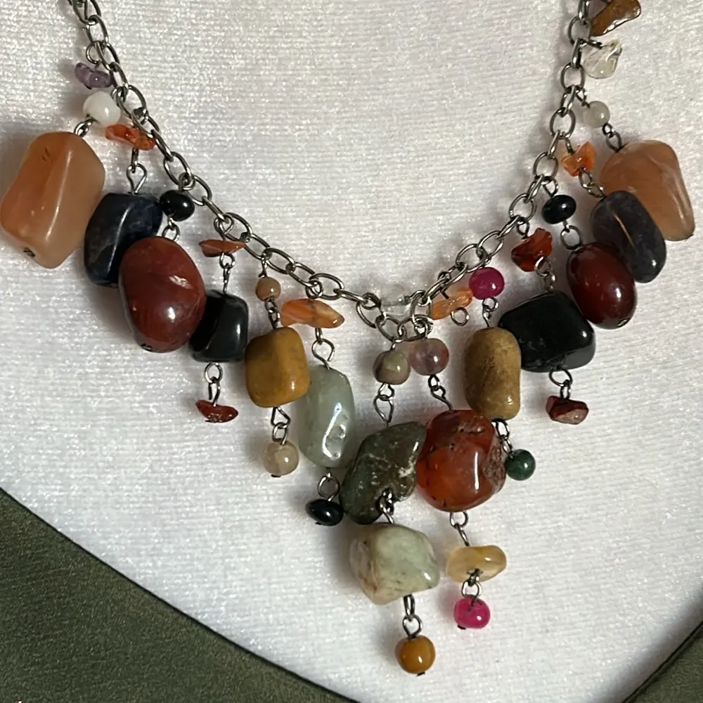 Handcrafted Multi Gemstone Bead Confetti Chandelier Drop Silver Tone Necklace - Image 2