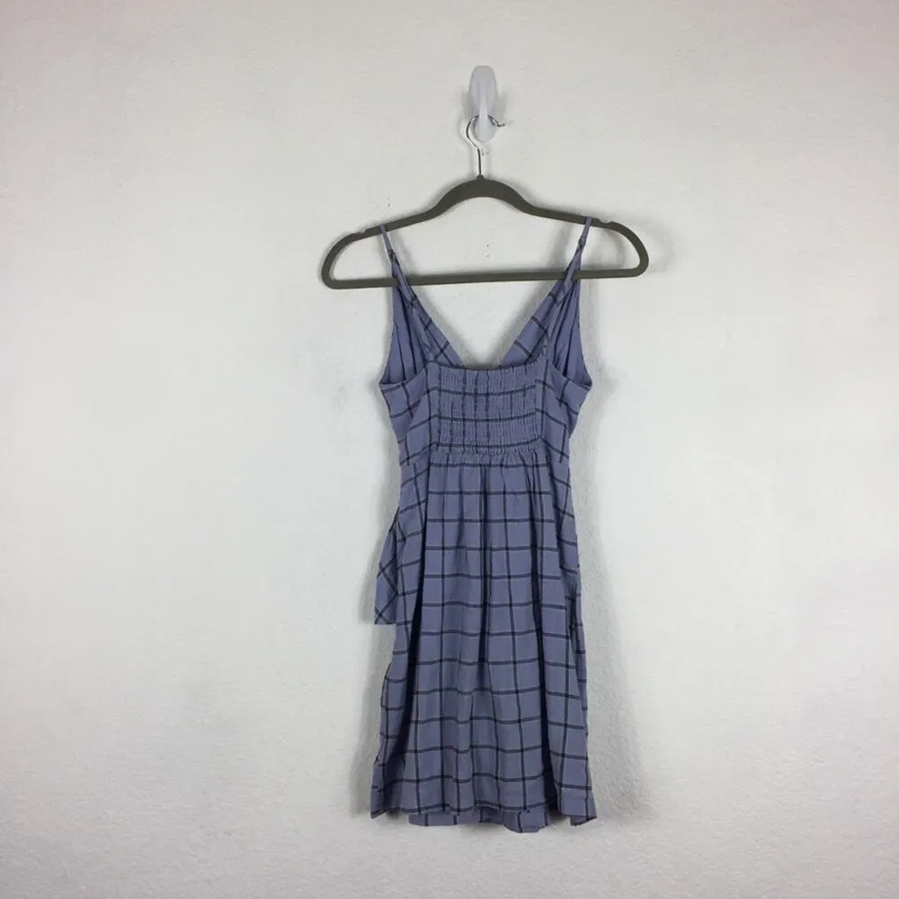 Urban Outfitters Amanda Linen Mini Dress XS Purple Plaid Check Belted Wrap - Image 11