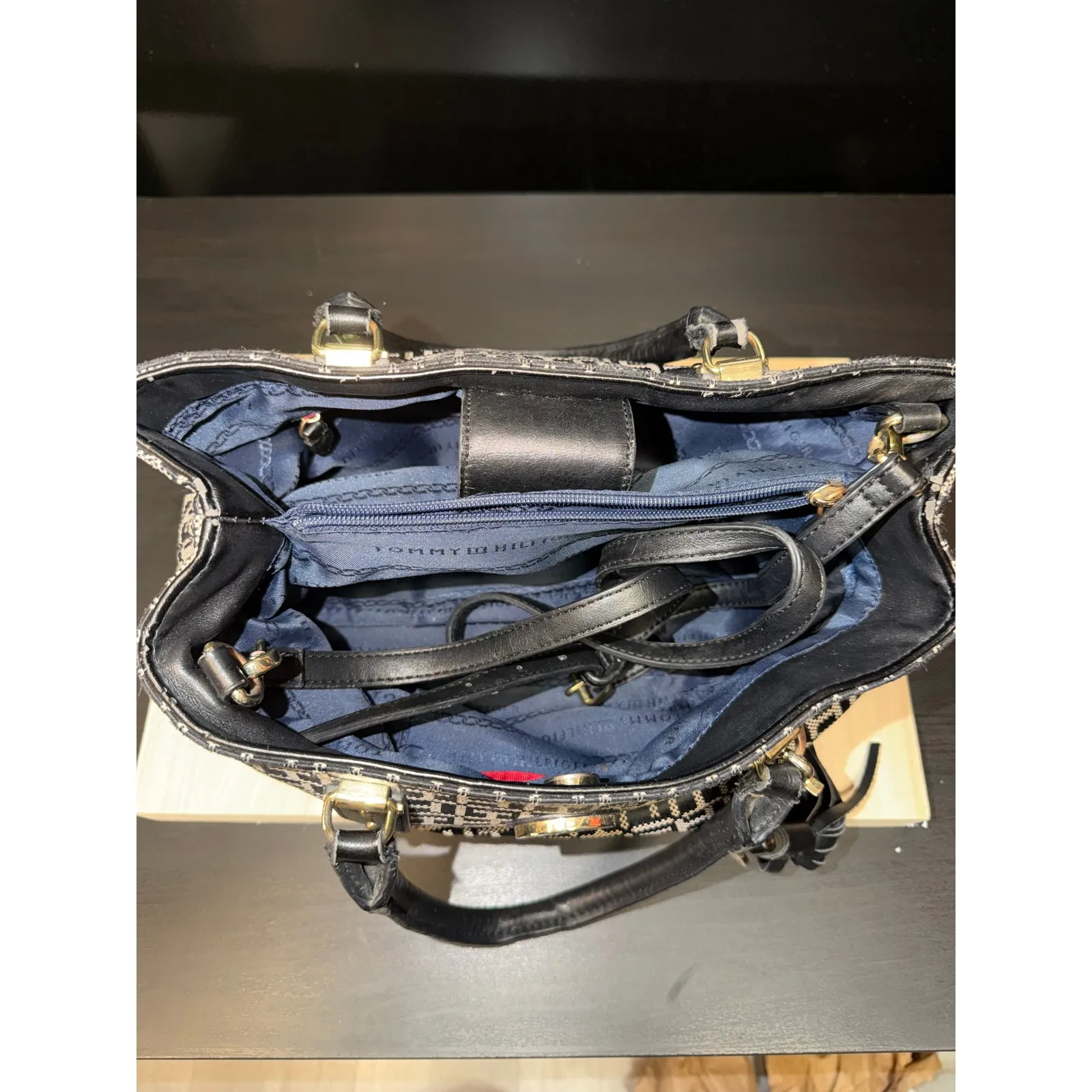 Tommy Hilfiger Tote Bag Black White Monogram Canvas Leather Straps - Image 13