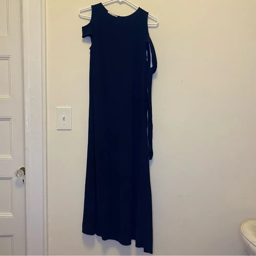 HELMUT LANG Tie Sleeve Asymmetrical Satin Crepe Midi Shift Dress in Black Sz XS - Image 4