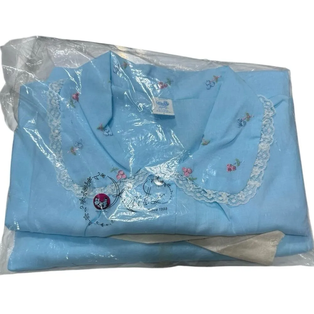Vintage Katz Pajama Set Blue Floral Embroidered Lace Short Sleeve Pants 38 NOS Size undefined - Image 5