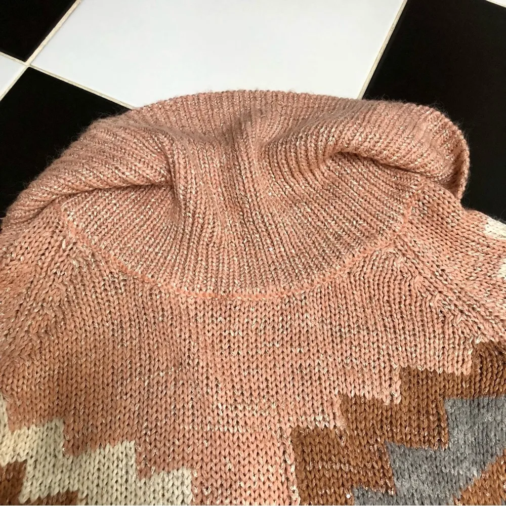 Oversized Knit Sweater Cowl Neck Sequins Dusty Rose Pink Aztec Print XS - Image 7