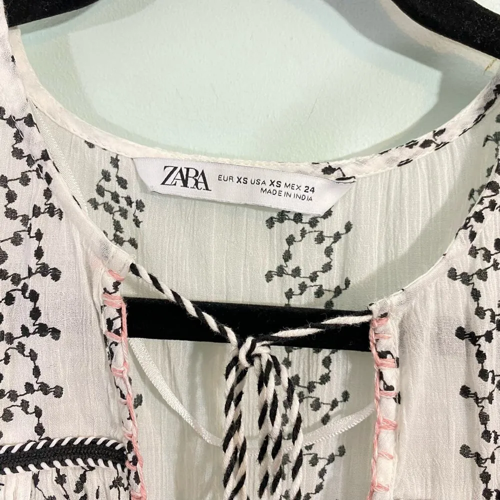 Zara White Floral Embroidered Oversized Boho Peasant Blouse Size XS - Image 7