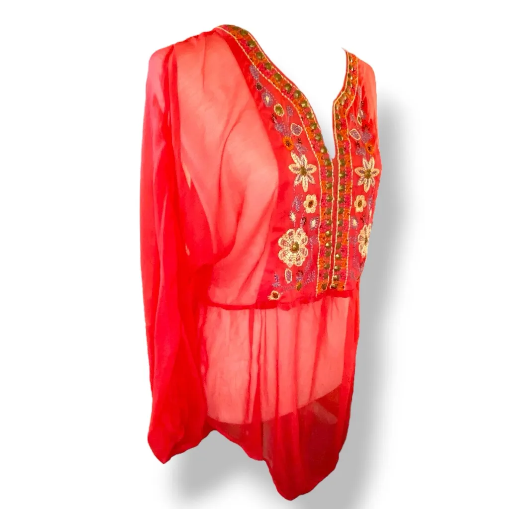 BEAUTIFUL American Rag Cie Embellished Sheer Chiffon Blouse Bright Coral, Size M - Image 2