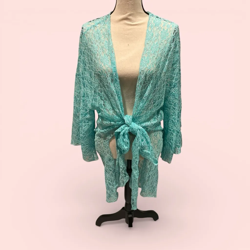 Vintage aquamarine lace tie front wrap top kimono robe swim coverup sheer fairy Blue Size 3X - Image 2
