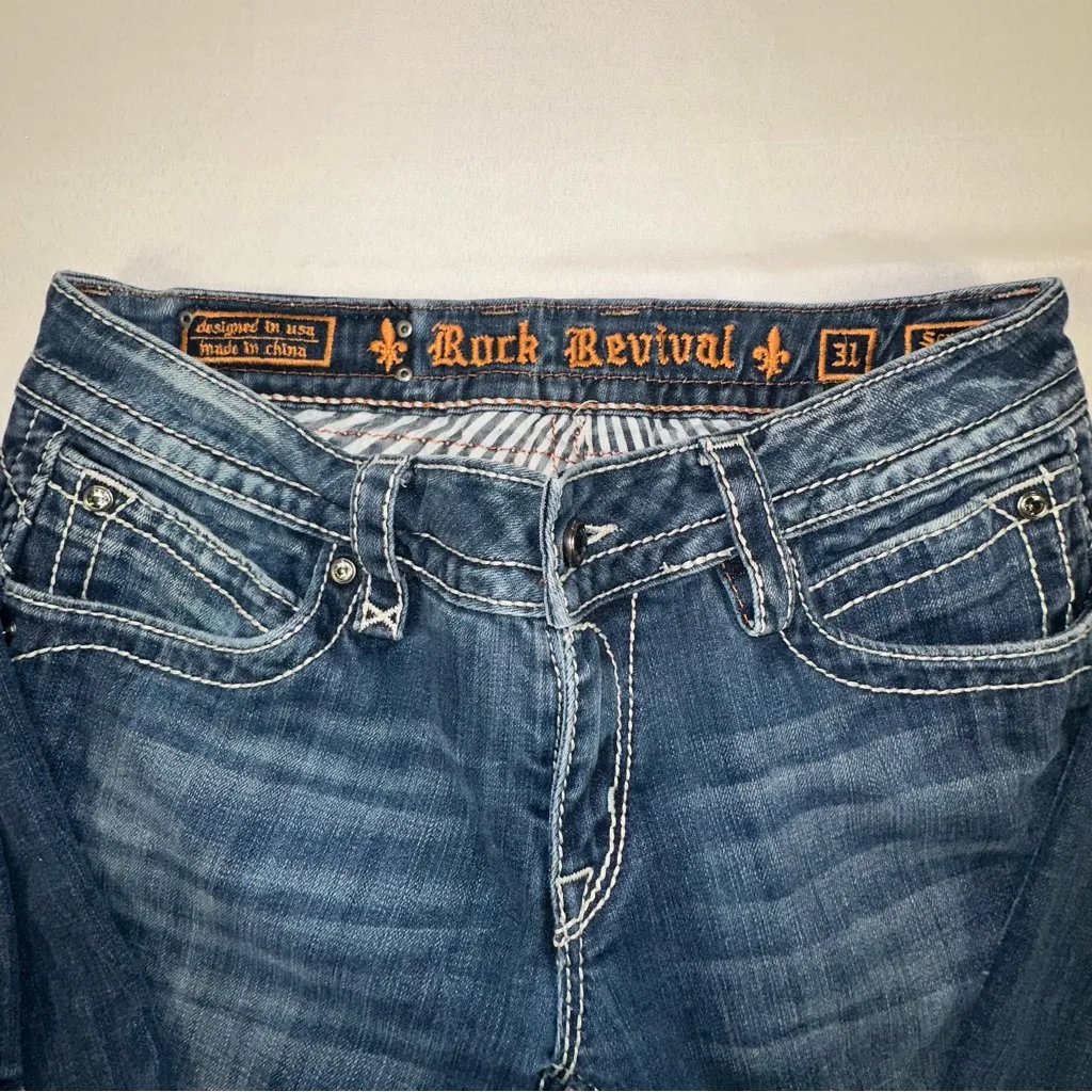 Rock Revival • Scarlett Wide Leg Jeans Size 31 Fleur De Lis Lily Rhinestones - Image 5