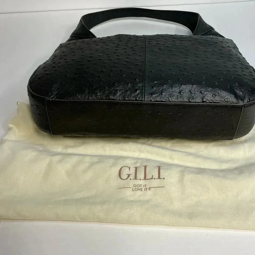 GILI Ostrich Leather Hobo Bag Stirrup Black NWOT Dust bag Shoulder Purse Handbag - Image 5