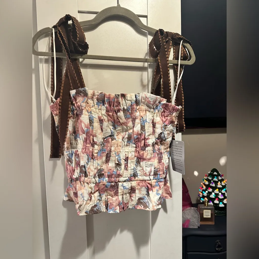 NWT EN SAISON Lario Floral Print Tie Strap Top In Pink Size M - Image 3