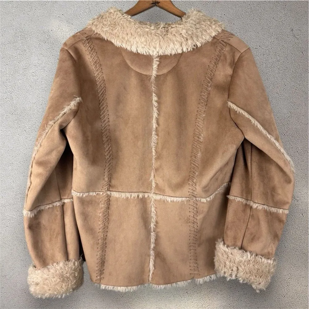 Vtg Penny Lane Coat‎ Jacket Faux Suede Shaggy Fur Trim Beige Boho Y2K 70s Sz L Tan Size L - Image 3