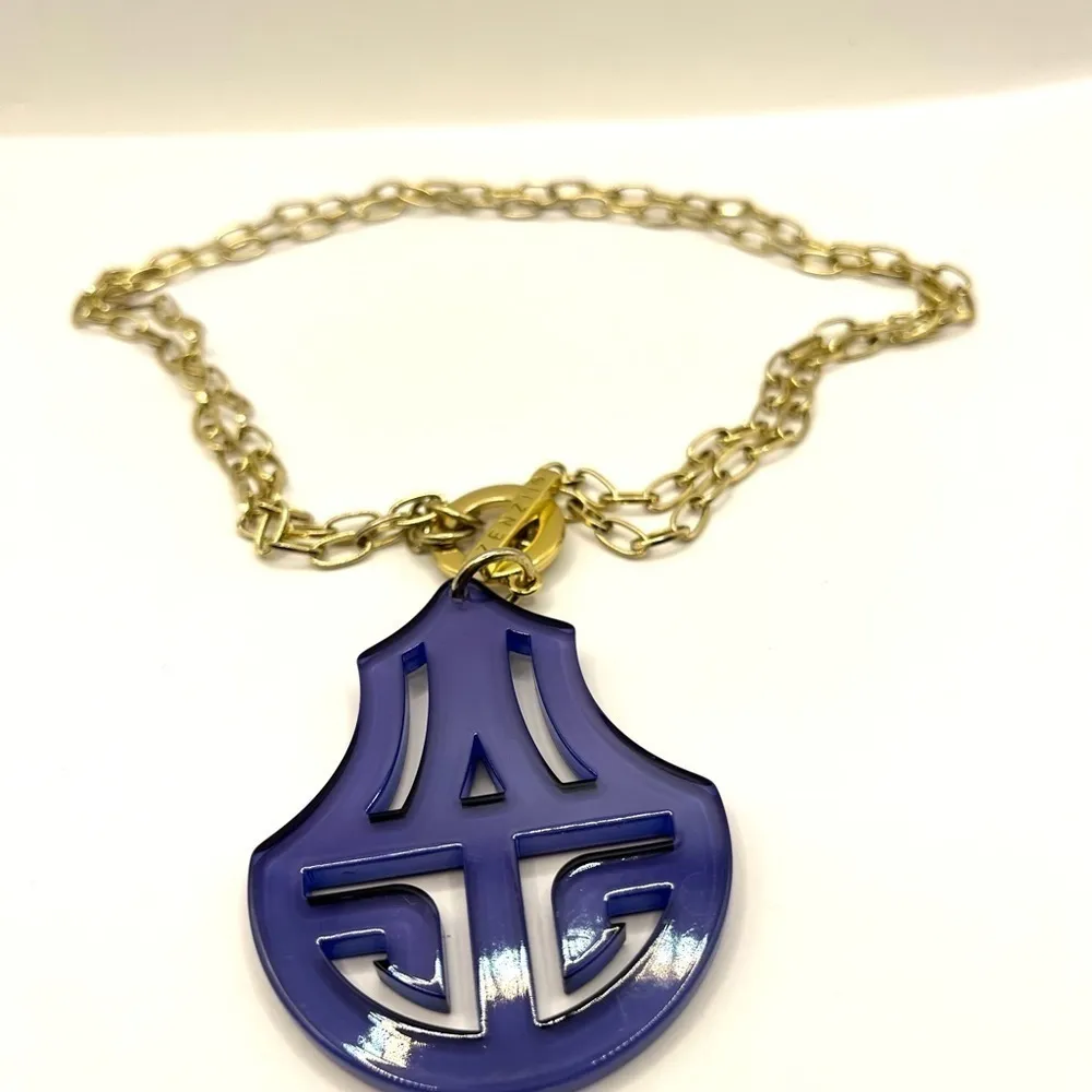 Zenzii Blue Scroll Double Strand Toggle Gold Tone Necklace Statement Big Bold - Image 9