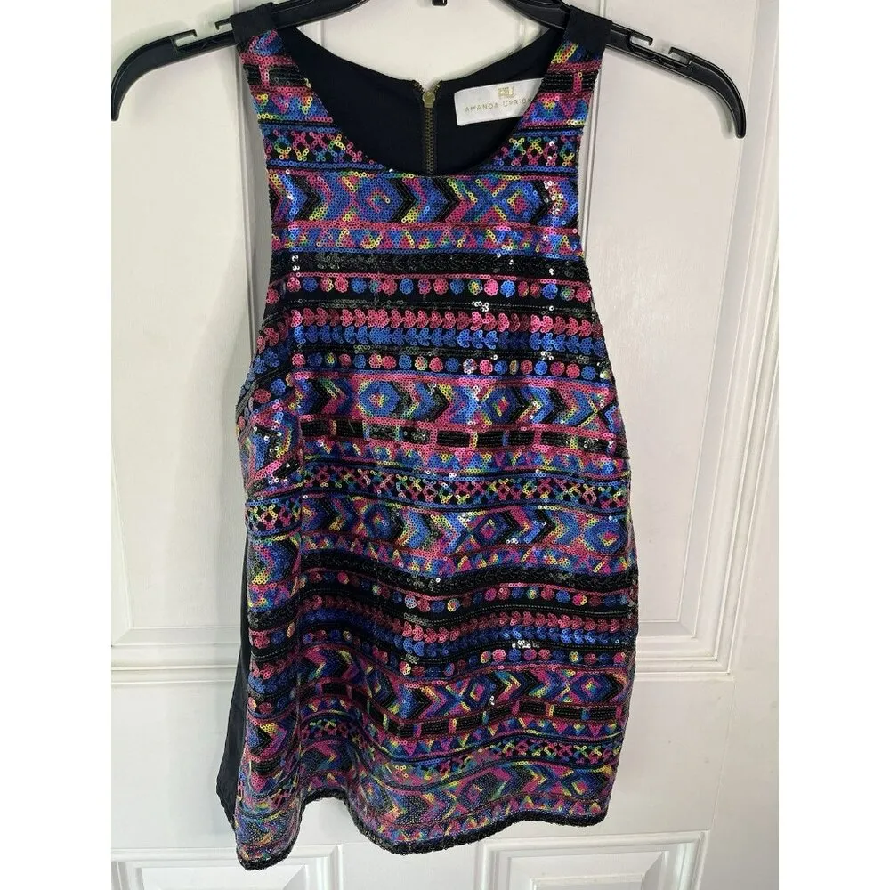 AMANDA UPRICHARD Multicolor Geometric Striped Sequin Satin Tank Top Women's sz S - Image 4