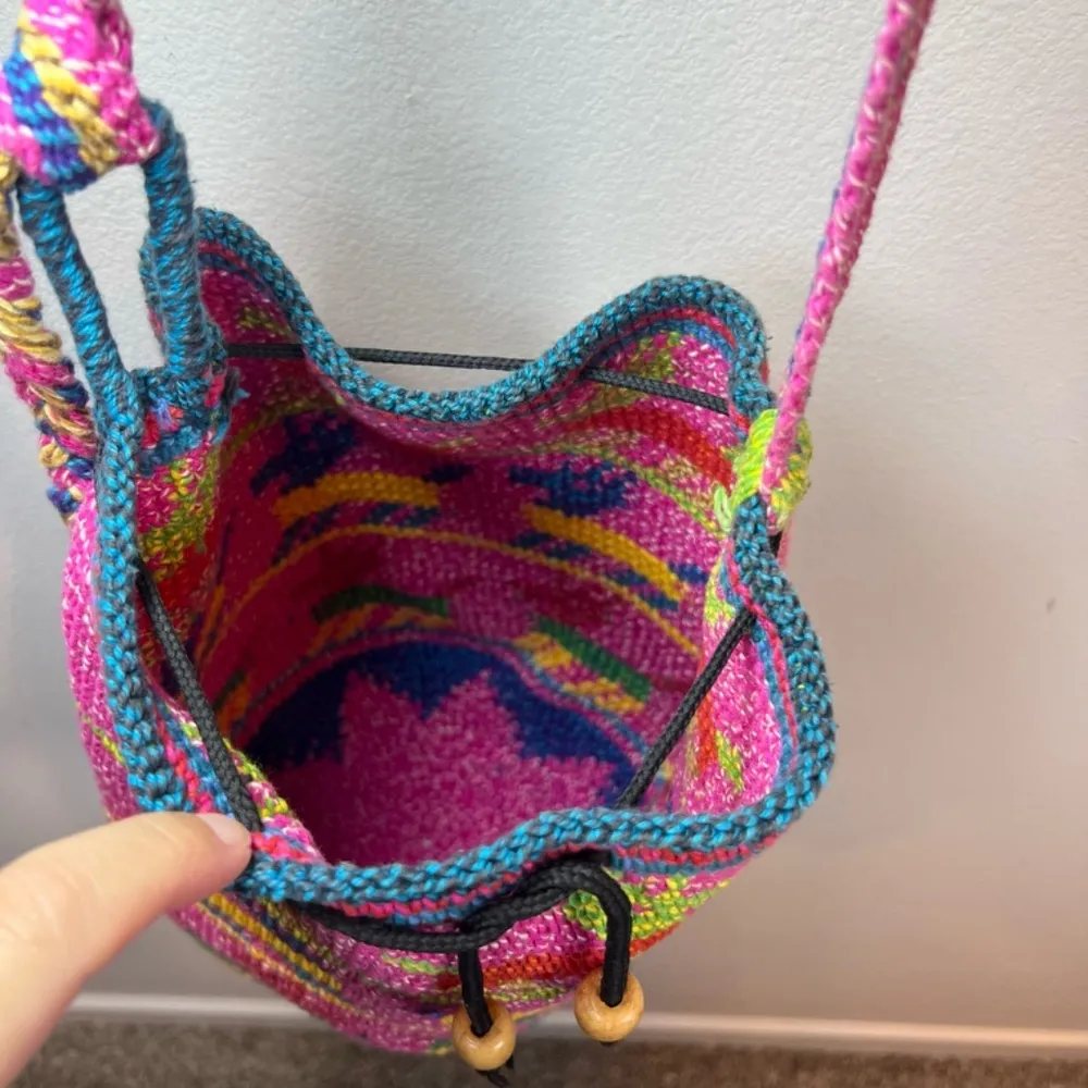 Wayuu Woven Bucket Bag Purse Pink Yellow Wood Bead Animal Print Cinch Close Boho - Image 13
