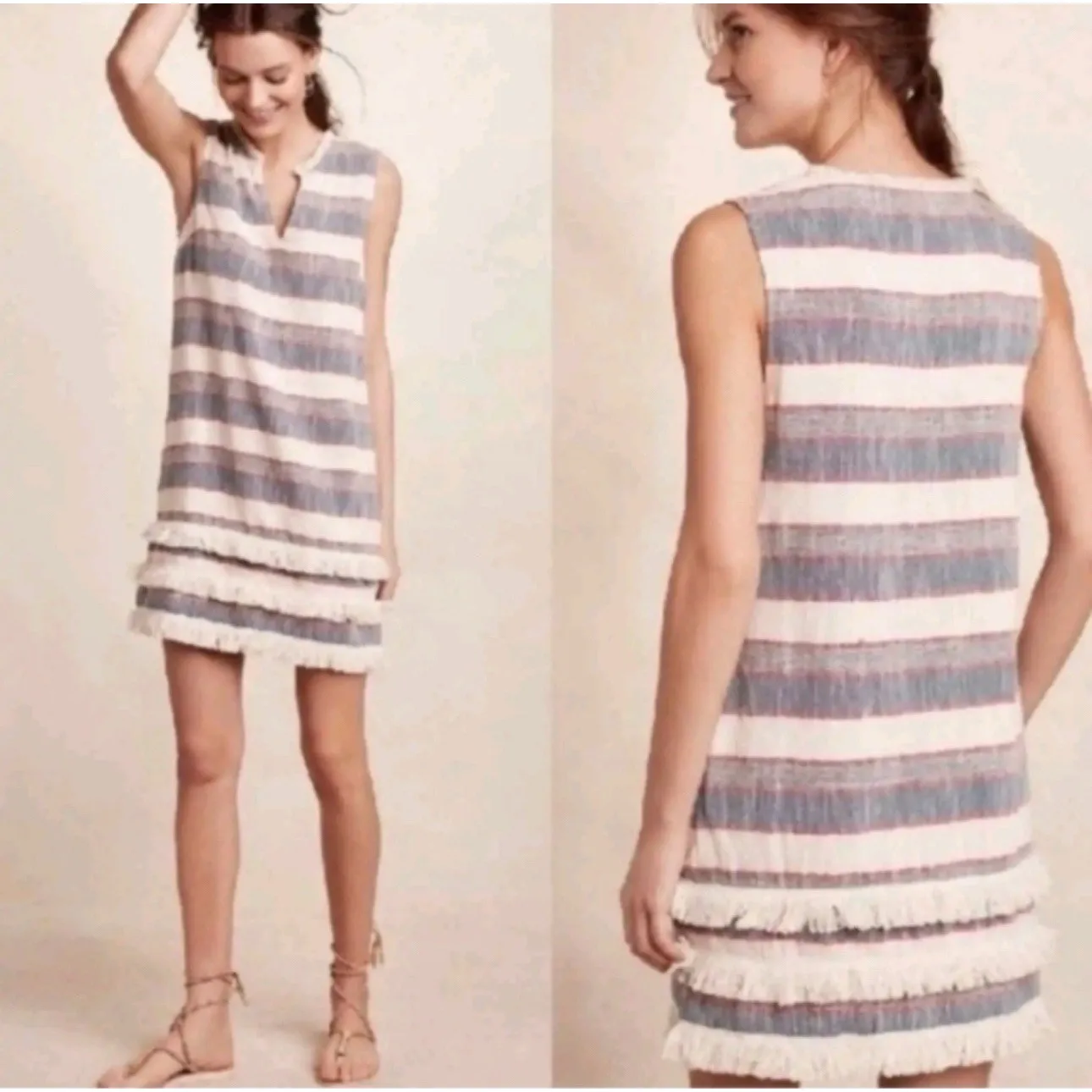 Anthropologie Holding Horses Tassel Fringe Cream Blue Red striped dress Sz 12P‎ - Image 2