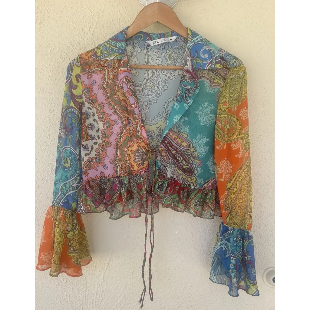 ZARA Crop Top S Paisley Patchwork Tie Front Sheer Multicolor Ruffles Bell Sleeve - Image 2
