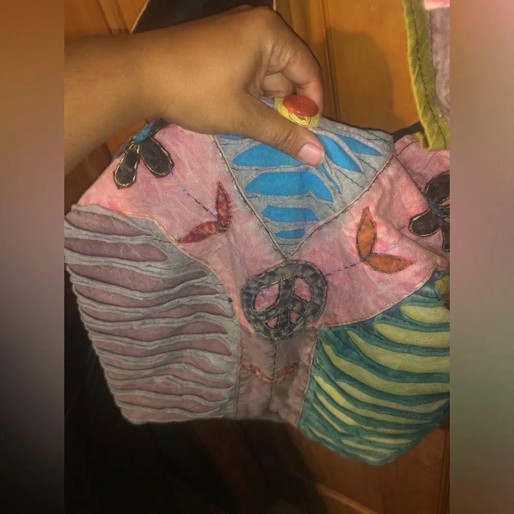 Bohemian hippie style Colorful peace sign & daisies Patchwork Shoulder Bag #376 - Image 5