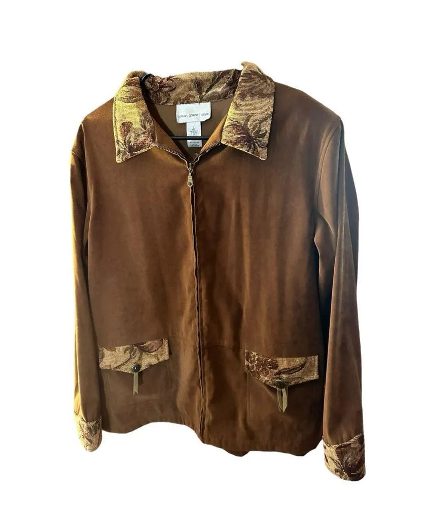 Susan Graver Vintage Womens Brown Full Zip Flap Pocket Faux Suede Western Jacket - Image 4