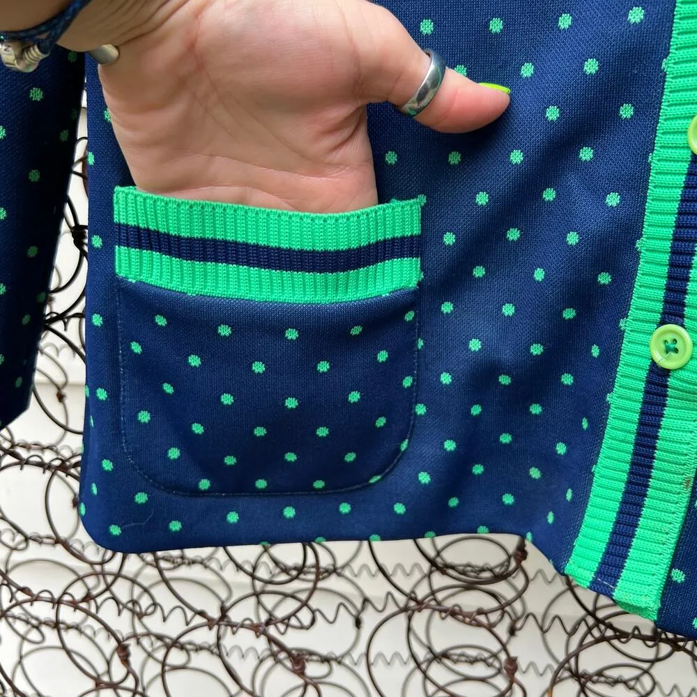 Vintage navy green polka dot double knit polyester blazer cardigan Blue - Image 2