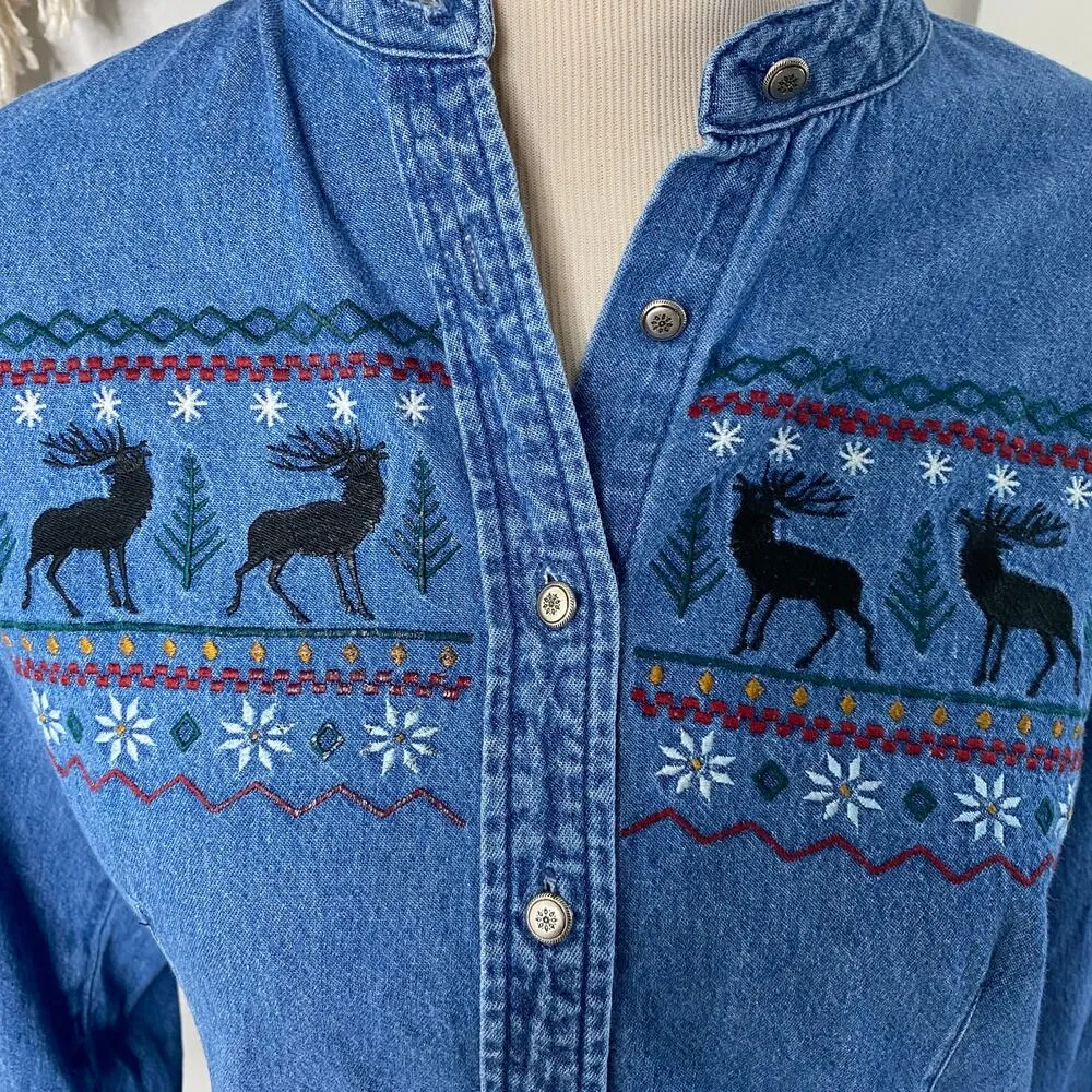 Vintage Bushwacker Denim Holiday Xmas Reindeer Embroidered Jean Shirt Top Medium Blue - Image 2